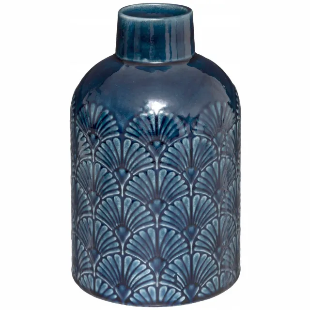 Atmosphera Vintage Keramiek Vaas met Decoratie - 21 cm Hoog, 12.5 cm Diameter Blauw