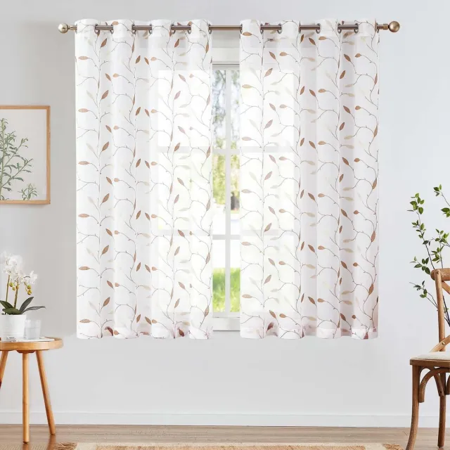 Unyqoos Transparante Gordijnen Set met Geborduurde Bladeren voor Elegante Sfeer in Woon- en Slaapkamer wit