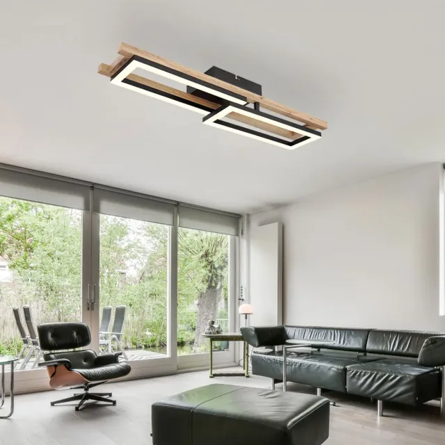Globo Lighting LED plafondlamp hoekig hout slaapkamer woonkamer lamp, 1 rechthoek verstelbaar, metaal zwart, 20W 850lm 3000k, LxH 69x10,5 cm Bruin