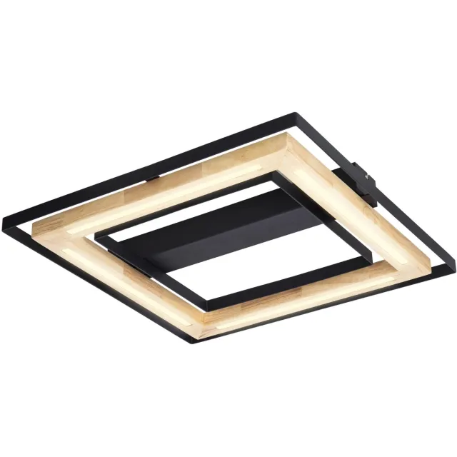 Globo LED plafondlamp dimbaar bamboe woonkamerlamp, metaal zwart naturel, 21W 2600lm warm wit, LxH 46 x 6 cm Hout