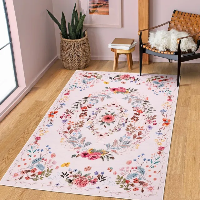 My Ninki ® Vrolijk Bloemen Vloerkleed voor Woonkamer - Wasbaar, Antislip, Zacht en Modern Design roze