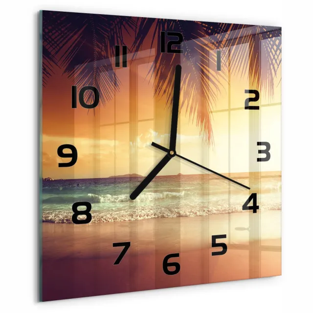TULUP Wandklok - Tropisch strand Glazen Klok Met Print - 30x30 cm - Oranje Wandklok Glas Met Motief - Zwarte handen - Vierkante Klok - Wandklok Glas Decoratie - Gekleurde Glazen Klok