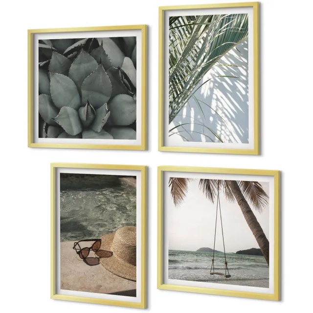Coloray 4-Delige Schilderij Set - Tropische planten en zomerse decoraties - 40 x 40 cm en 40 x 60 cm - Decoratieve Schilderijen - Wanddecoratie - Hal Gouden lijst