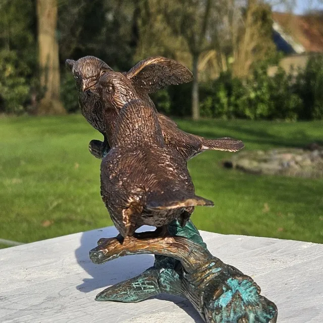 Bronzartes MUSSEN OP TAK / 3 vogels / bronzen beeld/ dierenbeeld / vogel BRUIN