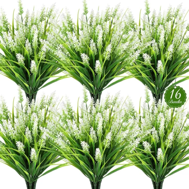 PZCC 16 Bundels Kunstplanten voor Buiten UV-Bestendig - Nepbloemen - Zijden Bloemen - Realistische Kunst Lavendel - Kunstplanten - Kunstmatige - Weerbestendige Plastic Planten voor Balkon, Tuin, Terras, Veranda en Bloembakken – Wit