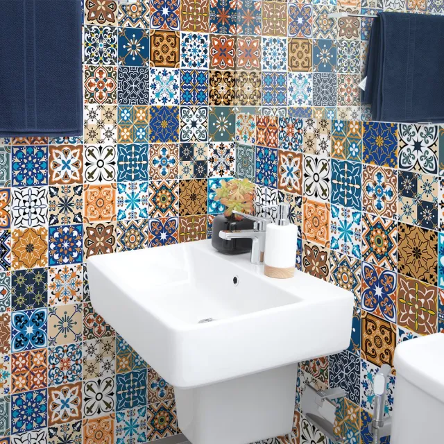 Ambiance Sticker Zelfklevende tegelmuurstickers voor keuken en badkamer - 60 cementtegelstickers, Azulejos Kathlina - 60 stickers, 20x20cm Multi color