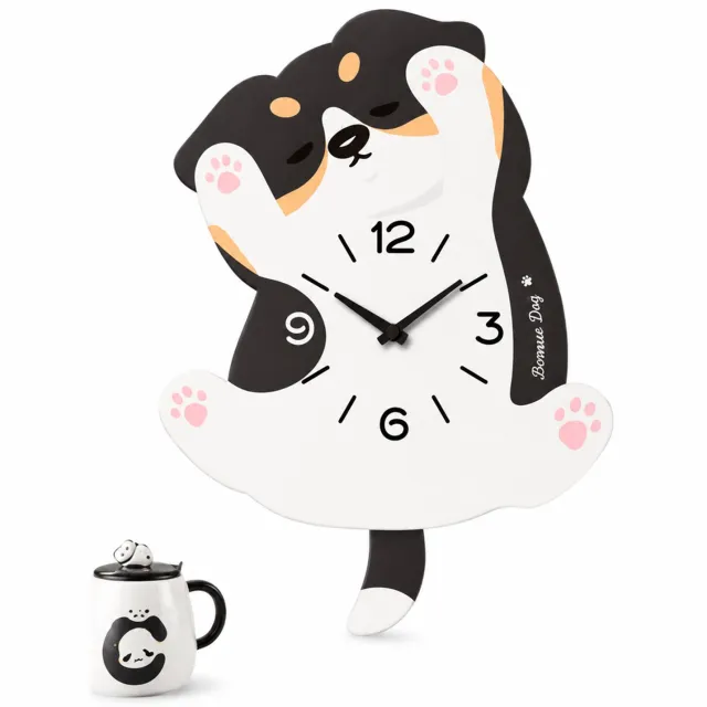 SWGOTA Wandklok met cartoonhond - slingerende staart - analoge tijdweergave - op batterijen - MDF Zwart