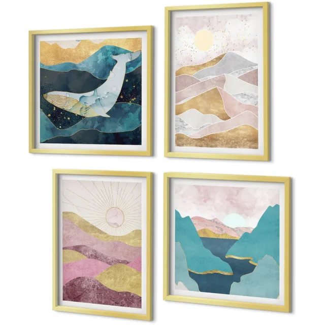 Coloray 4-Delige Schilderij Set - Abstracte landschappen met bergen en zon - 40 x 40 cm en 40 x 60 cm - Muurdecoratie - Wanddecoratie - Slaapkamer - Moderne Wanddecoratie Gouden lijst