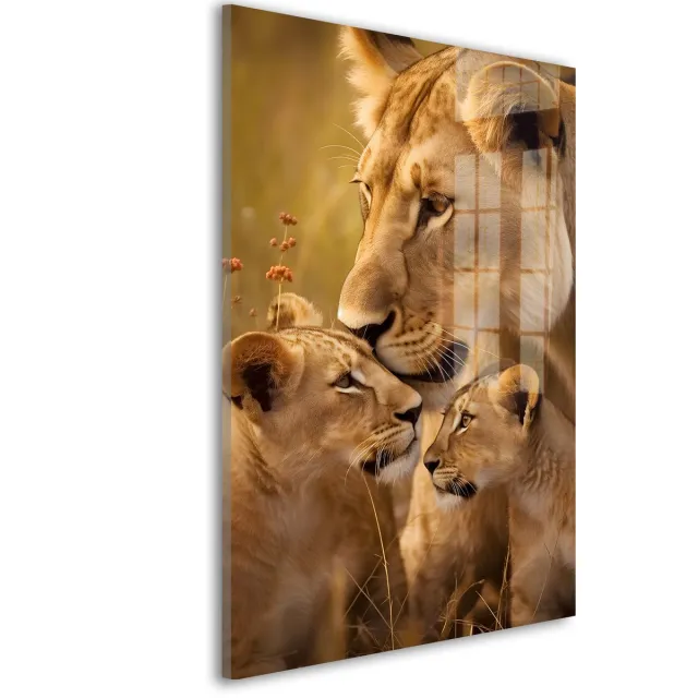 De Online Drukwinkel Glasschilderij Liefdevolle leeuwenblik - 90 x 60 cm - Leeuw - Dieren - Acrylaat - Inclusief wandbevestiging - Foto op plexiglas - Wanddecoratie woonkamer – Modern – Modern Goudbruin
