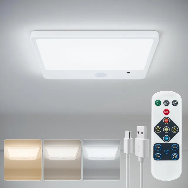 Epochglo LED Plafondlamp met Bewegingssensor - Microgolfsensor (Radar) - USB Oplaadbare - 3 Kleurtemperaturen (3000K/4500K/6000K) - Magnetische & Dimbaar - Met Afstandsbediening - Plafonnière voor Hal, Gang, Zolder & Trappenhuis - Wit