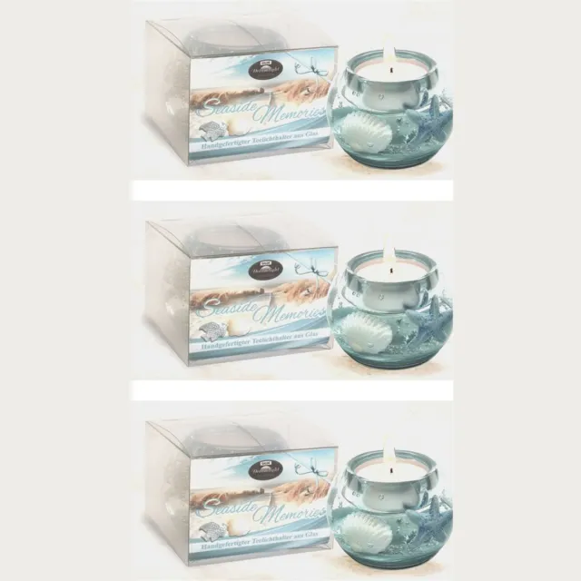 Dreamlight Design - Traumlicht Set van 3 theelichthouders - Seaside Memories - handmade - zand / zee - lichtblauw