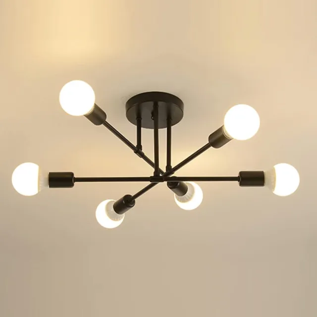 Haobosic Sputnik kroonluchter met 6 lampen, zwarte afwerking E27 hanglamp, vintage industriële plafondlamp. Geschikt voor woonkamer, slaapkamer, eetkamer, café, bar (zonder lamp). Black