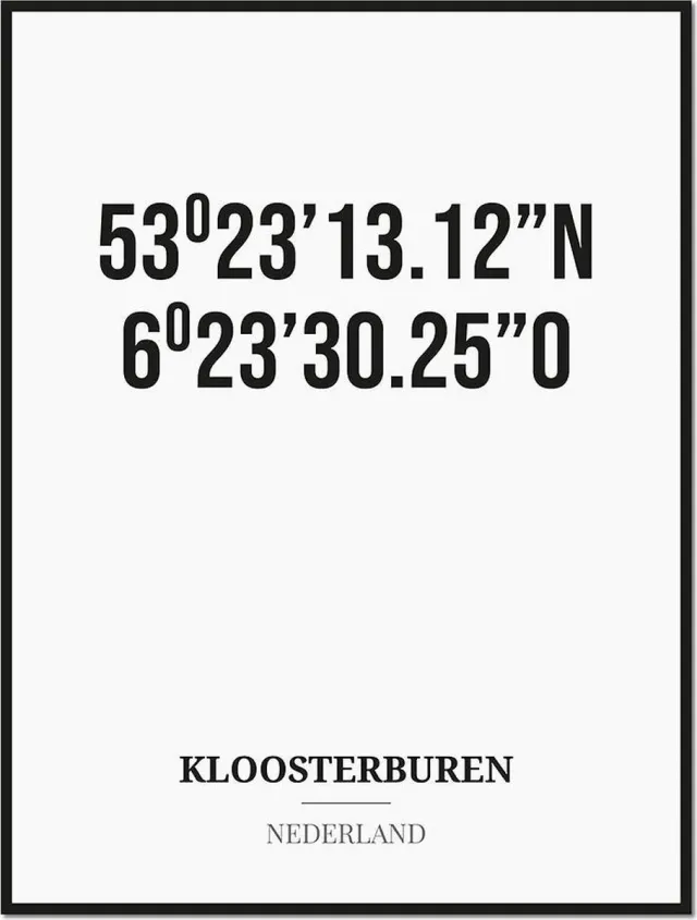 Studio216 Poster/kaart KLOOSTERBUREN met coördinaten zwart, wit