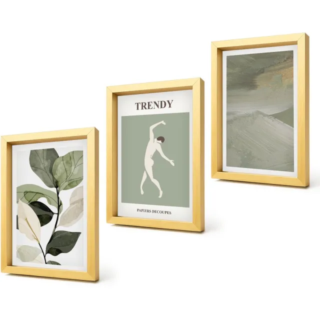 Coloray 4-Delige Schilderij Set - Plantenpatronen met silhouetten en abstracte vormen - 20 x 30 cm - Wanddecoratie - Moderne Interieurdecoratie - Interieur Decoratie Gouden lijst