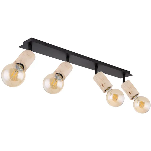 Globo Spotlamp spotlamp woonkamerlamp eetkamerlamp, 4 vlammen beweegbare spots, metaal hout naturel zwart mat, E27 stopcontacten, LxBxH 80x10x18cm