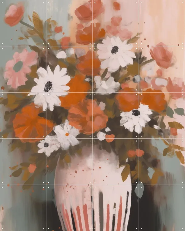 IXXI Vibrant Floral Vase, Andreas Magnusson & Various - 80 x 100 cm - Grote wanddecoratie en posters - Kwaststreken, Schilderijen, Woonkamer Roze / Oranje / Wit