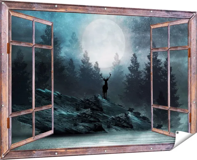 Gards Tuinposter Doorkijk Hert op een Rots tijdens Volle Maan - 180x120 cm - Tuindoek - Tuindecoratie - Wanddecoratie buiten - Tuinschilderij Multikleur