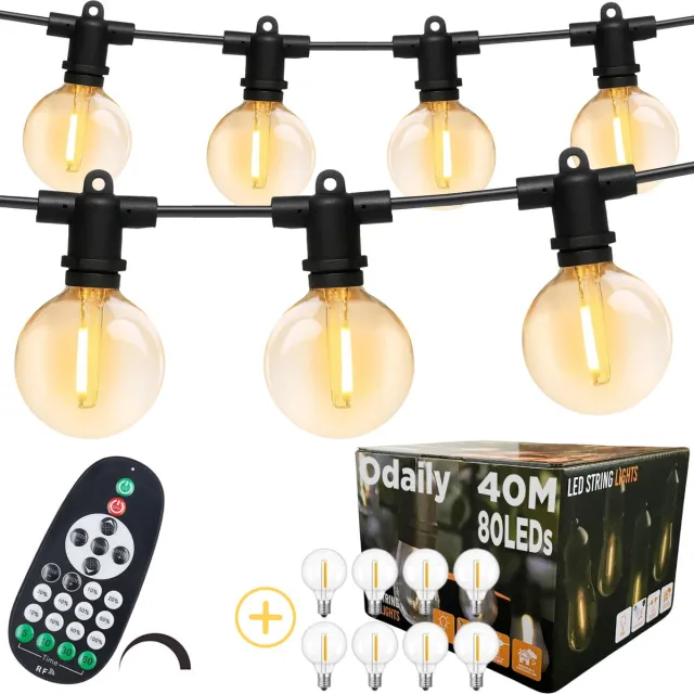 Odaily Lichtsnoer - 40 Meter - 80 LED Lampen G40 - Warm Wit Licht - Dimbaar - IP65 - Horeca Kwaliteit
