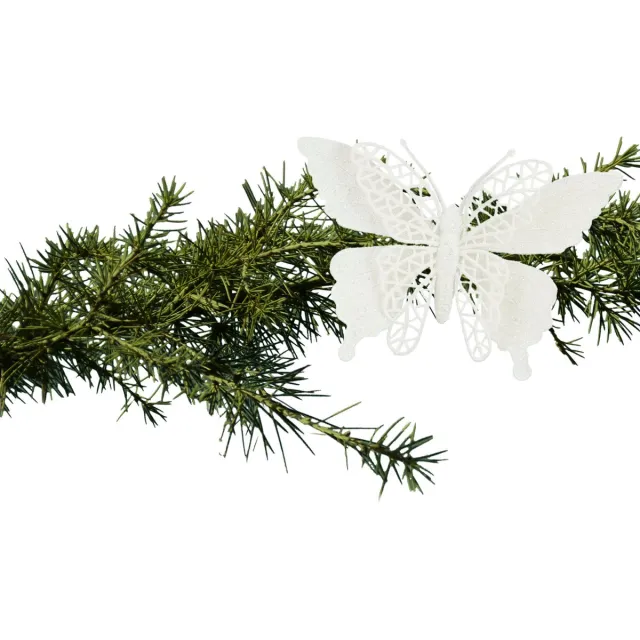 House of Seasons Kerstboomversiering Vlinder - 2x stuks - 16 cm - wit glitter - op clip
