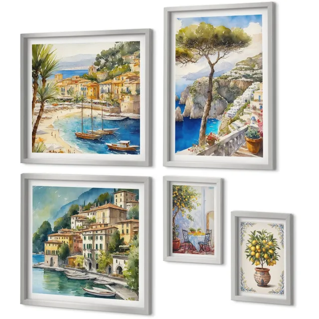 Coloray 5-Delige Schilderij Set - Torens En Bruggen In Monochrome Tinten - 20 x 30 cm - Decoratieve Schilderijen - Woonkamer - Interieur - Wanddecoratie Zilveren lijst
