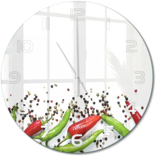 TULUP Wandklok - Chilipepers Klok Glas Met Opdruk - fi60 cm - Veelkleurig Moderne Wandklok Glas - Witte handen - Ronde Klok - Decoratieve Glazen Klok - Glazen Wandklok Design