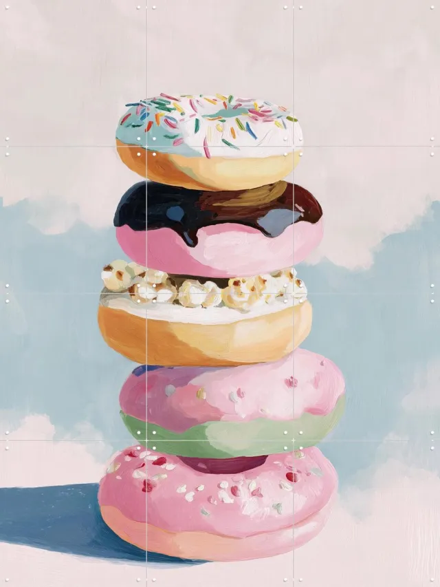 IXXI Pastel Donut Tower, Branka Kodžoman - 60 x 80 cm - Grote wanddecoratie en posters - Modern, Speels, Kleurrijk, Keuken, Eetkamer, Stilleven, Eten Wit / Roze