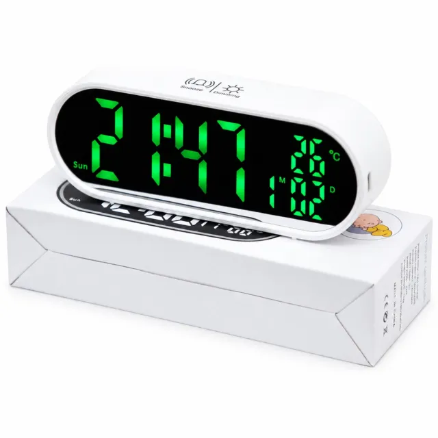 SWGOTA wekker - Ovaal met groen LED-display, temperatuur- en datumweergave - Oplaadbaar en USB-voeding - Witte behuizing