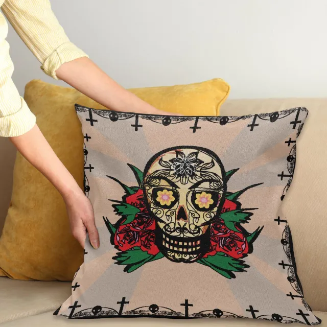 ABAKUHAUS Mexican Sierkussenhoes, Romantisch Sugar Schedel met Rood Roos en Spooky Halloween Horror Mystic Thema Afbeelding, Decoratieve Vierkante Sierkussenhoes, 50 x 50 cm, Zwart Rood
