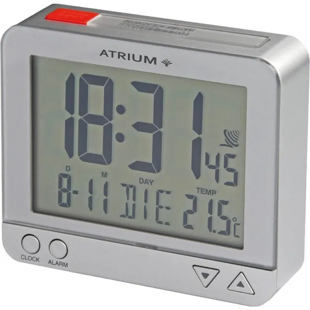 Atrium Wekker - Digitaal - Digitale Klok - Wekkers Slaapkamer - Radiogestuurd - Alarm - Zilver - Verlichting - Lichtsensor - Opbouwend alarmsignaal - Snooze - Duidelijk - Reiswekker - Wektijd - Datum - Weekdag - Binnentemperatuur - A760-19