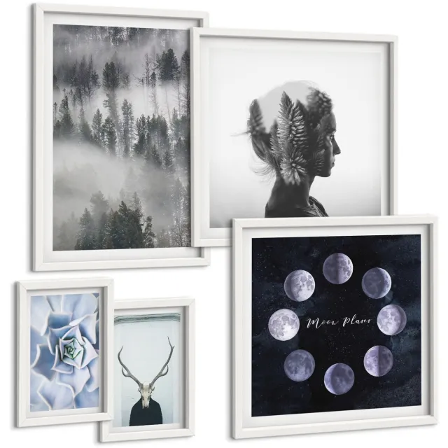 TULUP 4-Delige Schilderij Set - Natuurlijke bosmotieven en kosmische verschijnselen - 50 x 50 cm, 20 x 30 cm en 40 x 60 cm - Wanddecoratie - Moderne Interieurdecoratie - Woonkamer Decoratie Witte lijst