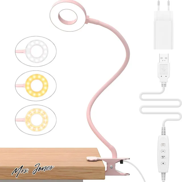 Mrs. Jones Leeslamp met 23 leds en USB-oplader - lamp met klem - 3 kleuren en 10 lichtsterktes - 40 cm - blokkeert 9999% van het blauwe licht - bureaulamp met klem voor boeken werk bed en tafel - roze . multi-color