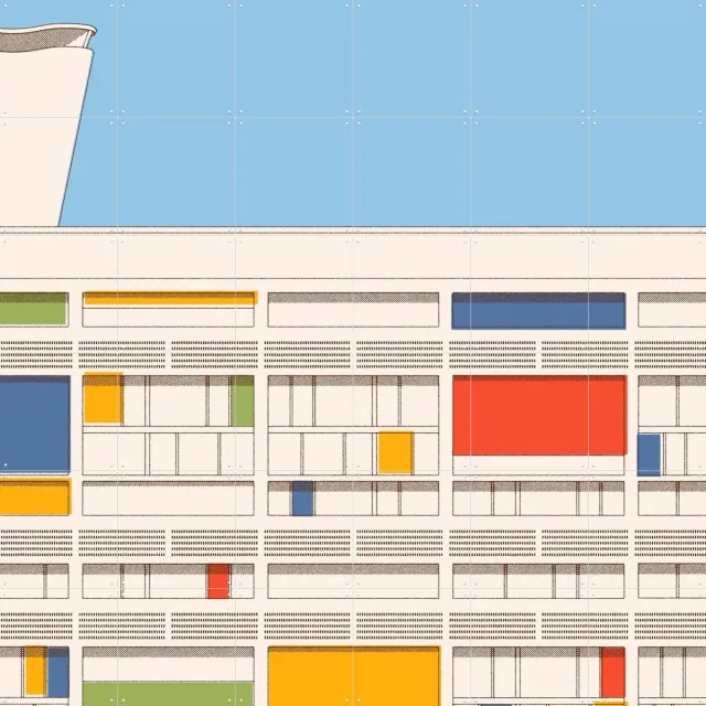 IXXI Cite Radieuse, Florent Bodart - 120 x 120 cm - Grote wanddecoratie en posters - Digitale Kunst, Illustraties, Bauhaus, Speels, Geometrische Blauw / Beige