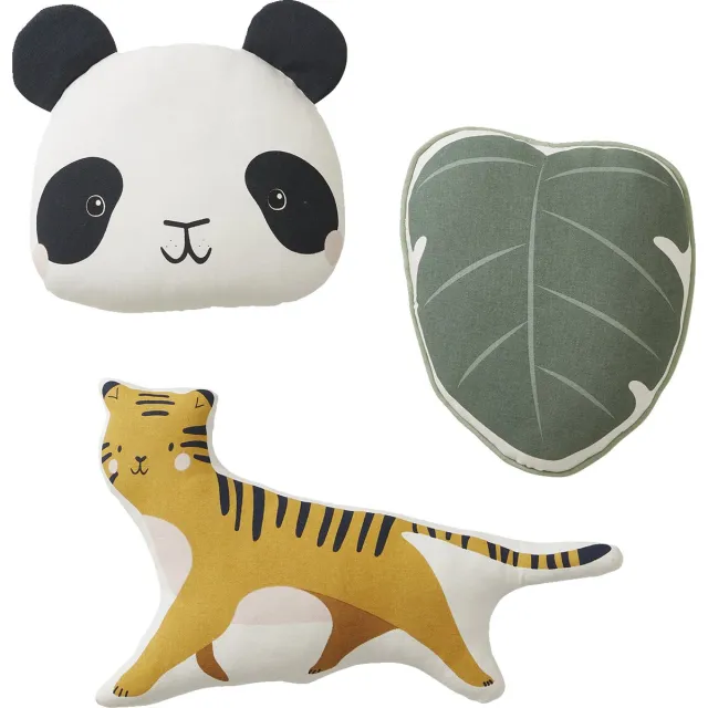 vertbaudet Set Hanoï - 3 kussens - panda - tijger - blad - katoen ecru