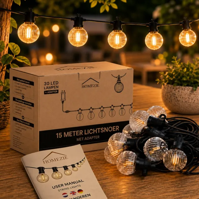 Homezie Lichtsnoer | 15 meter met 30 kunststof LED-lampen | IP65 Waterdicht | Dimbaar | Timer | Lampjesslinger | Tuinverlichting | Lichtsnoer buiten | Prikkabel