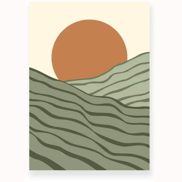 Yisual Poster 20x30 cm - Zonsondergang - Gelaagde Heuvels - Bruin - Groen - Minimalistisch - Landschap - Muurdecoratie - Wanddecoratie