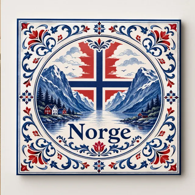 Bedruk King Noorwegen Decoratieve Keramische Tegel – Noorse Fjord Vlag Wandtegel – Blauw Rood Wit Heritage Souvenir Cadeau