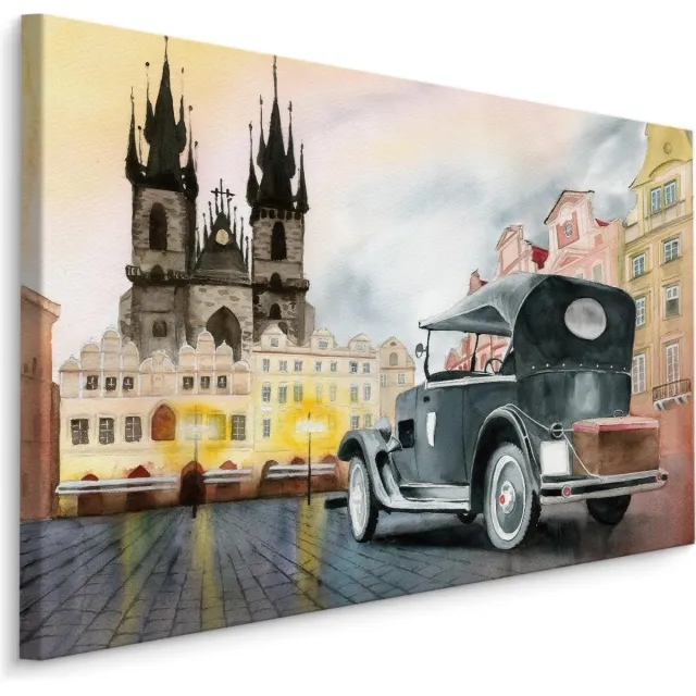 karo-art Schilderij - Oldtimer in de stad , print op canvas, Premium print Multikleur