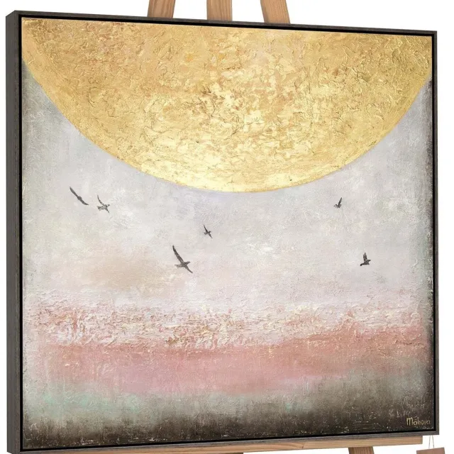 Canvas schilderij vierkant handgeschilderd zonne-energie II zon abstract – YS-Art Gallery – Energieke wanddecoratie voor woonkamer – Modern schilderij voor kantoor en hal grijs