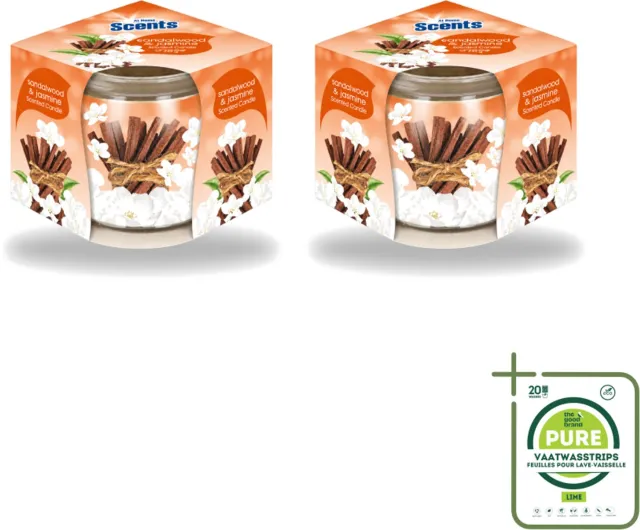 At Home 2 x At Home - Scents - Geurkaars - Sandalwood & Jasmin - 70 g - Grootverpakking - Vaatwasstrips - Geurkaars - Sandelhout - Jasmin - Geur - Rustgevende Geur Bruin