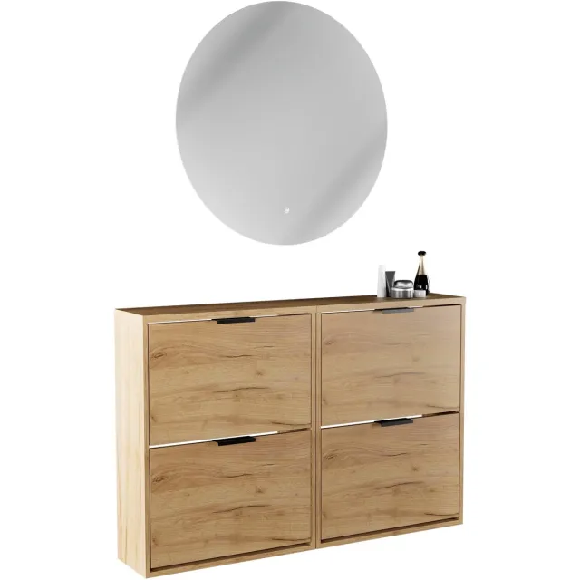 Planetmöbel STIVIO - Schoenenkast 60 cm - Goud eiken - Set van 2 met 2 kleppen - LED-spiegel NOVA ⌀ 80 cm 2 kleppen, Goud eiken, Nova 80 cm