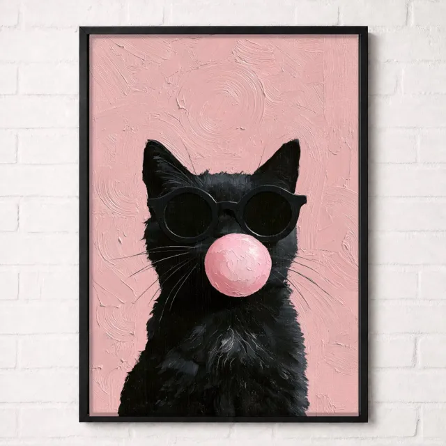 Kleurmedia Zwarte Kat met Kauwgombel Poster - Pop Art Dieren Collectie - Grappige Katten Posters - A1+ 61 x 91,5 cm Roze