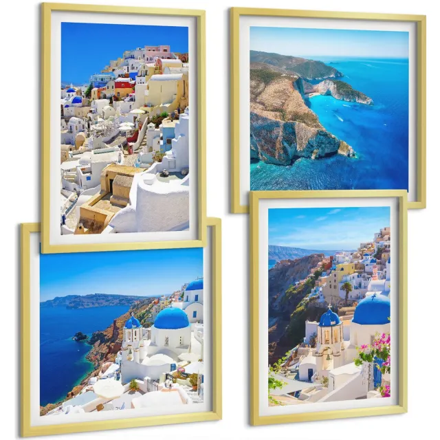 TULUP 4-Delige Schilderij Set - Landschapsarchitectuur en uitzichten op de stad Oia op Santorini, Griekenland - 40 x 40 cm en 40 x 60 cm - Stijlvolle Muurdecoratie - Kantoor Gouden lijst