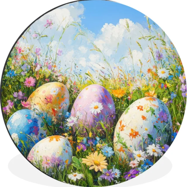 WallCircle Wandcirkel - Muurcirkel - Grasveld - Eieren - Bloemen - Aluminium - Dibond - 120x120 cm - Binnen en Buiten Bloemen - Eieren