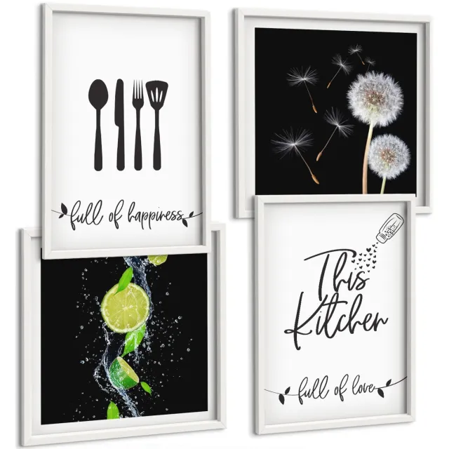 TULUP 4-Delige Schilderij Set - Paardenbloemen Sappige limoenen Keukenopschriften - 40x40 en 40x60 - Wanddecoratie - Schilderijen Set - Kantoor - Stijlvolle Muurdecoratie Witte lijst