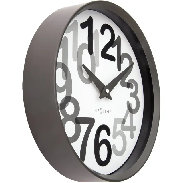 NeXtime Wandklok 30cm-Stil-Houtskoolgrijs -Plastic-NeXtime 'Groot Getal' Grey