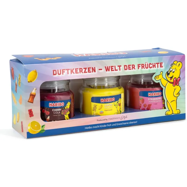 Haribo Cherry Cola, Strawberry Happiness, Lemon Fruits - geurkaarsen Cadeauset - 3x 85g multi