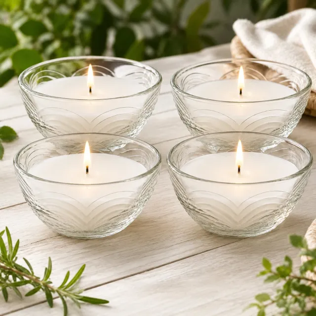 Benza Citronellakaarsen Set van 4 – Glazen Kom 9 x 9 x 5 cm – 110 g Wax per Kaars – 3% Citronella – Brandduur 22-24 uur – Houdt Muggen op Afstand Transparant