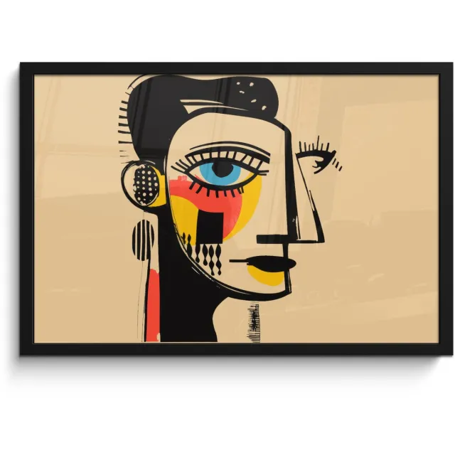FrameYourWall Poster in lijst - Fotolijst 60x40 cm - Posters - Geometrisch - Felle kleuren - Kubistische stijl - Posterlijst zwart - Decoratie - Wanddecoratie woonkamer - Muurdecoratie slaapkamer Gezicht - Kunst