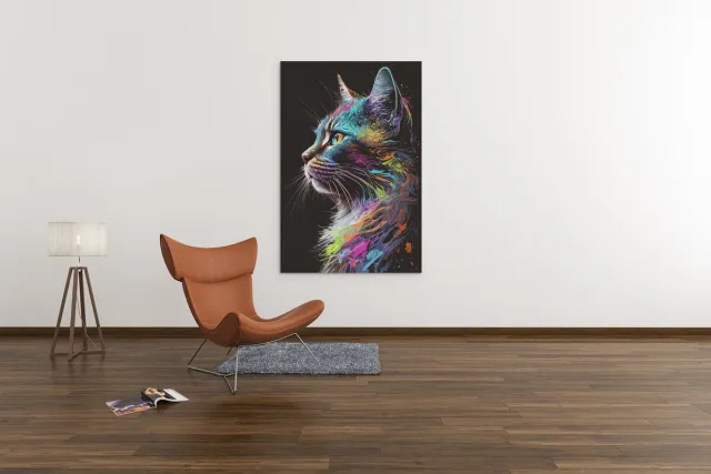Trendex Global Canvas Schilderij Dieren - Kleurrijke Kat - Wanddecoratie - 60x40x2 cm