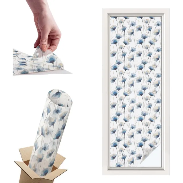 TULUP Raamfolie Anti inkijk - Blauwe bloemen Privacy Folie Raam - 50x146 cm - Wit Anti inkijk Folie - Raamfolie Tegen inkijk Glas in Lood - Voor de slaapkamer, woonkamer en badkamer. - Raamfolie Zonwering Wit - Blauwe bloemen